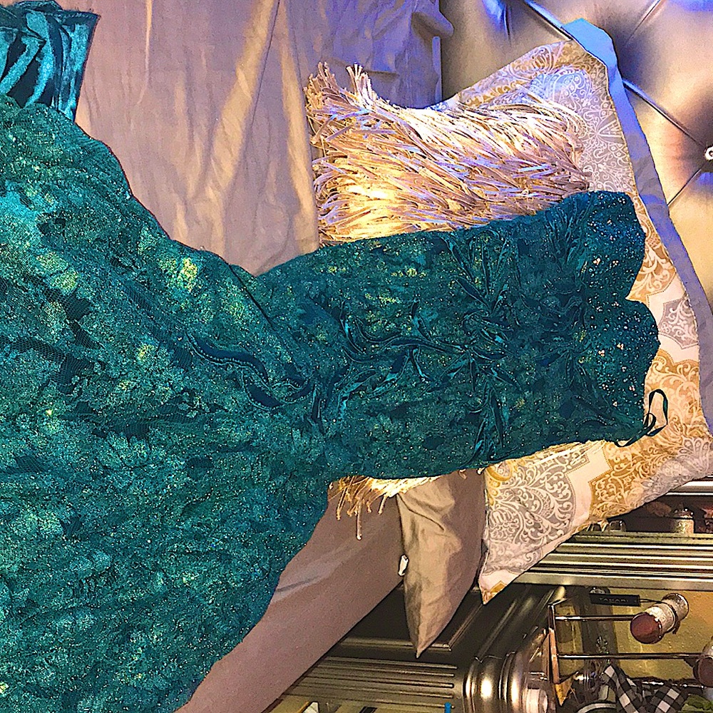 Aqua/ emerald green dress with it’s of gold